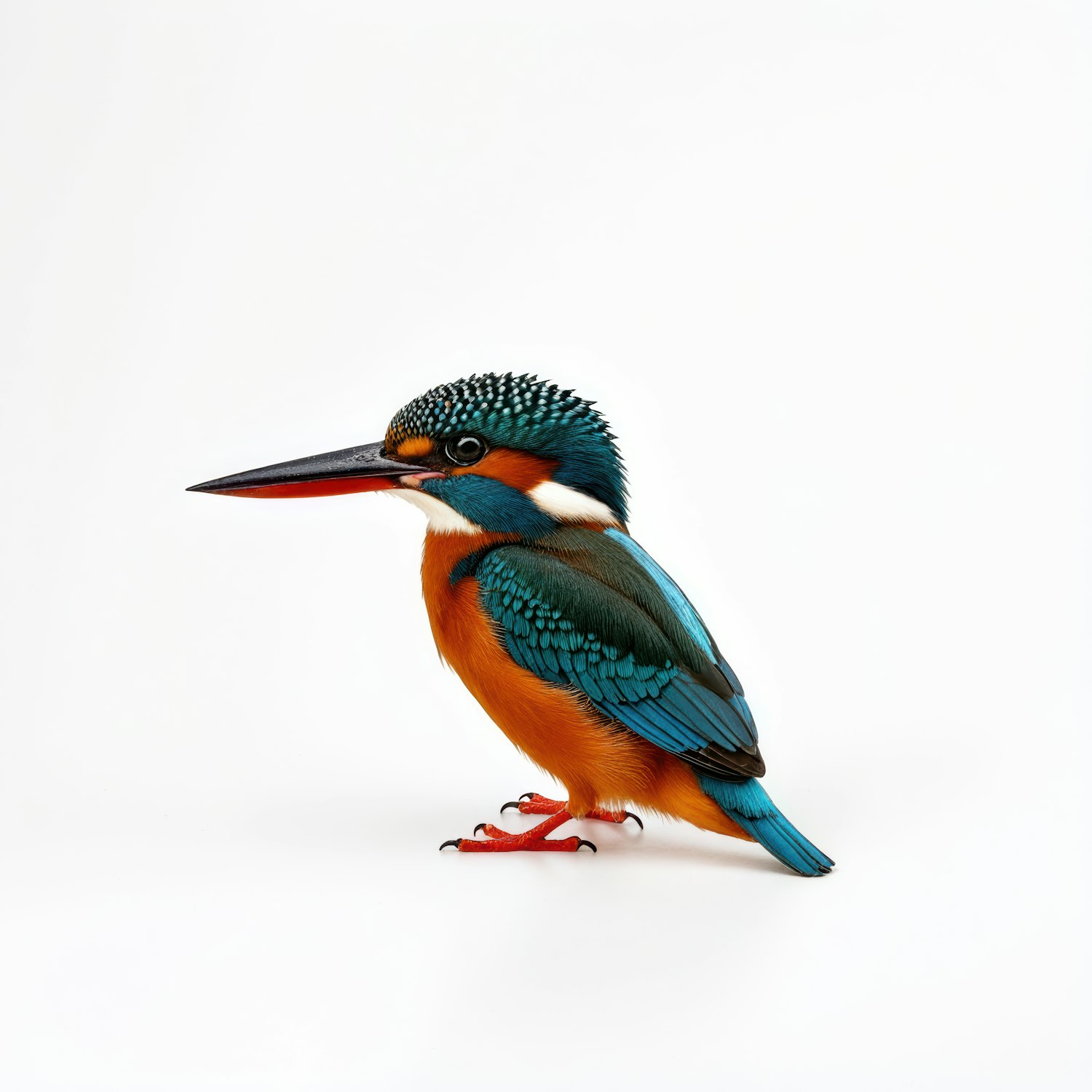 Common kingfisher in profile, with blue wings and an orange breast