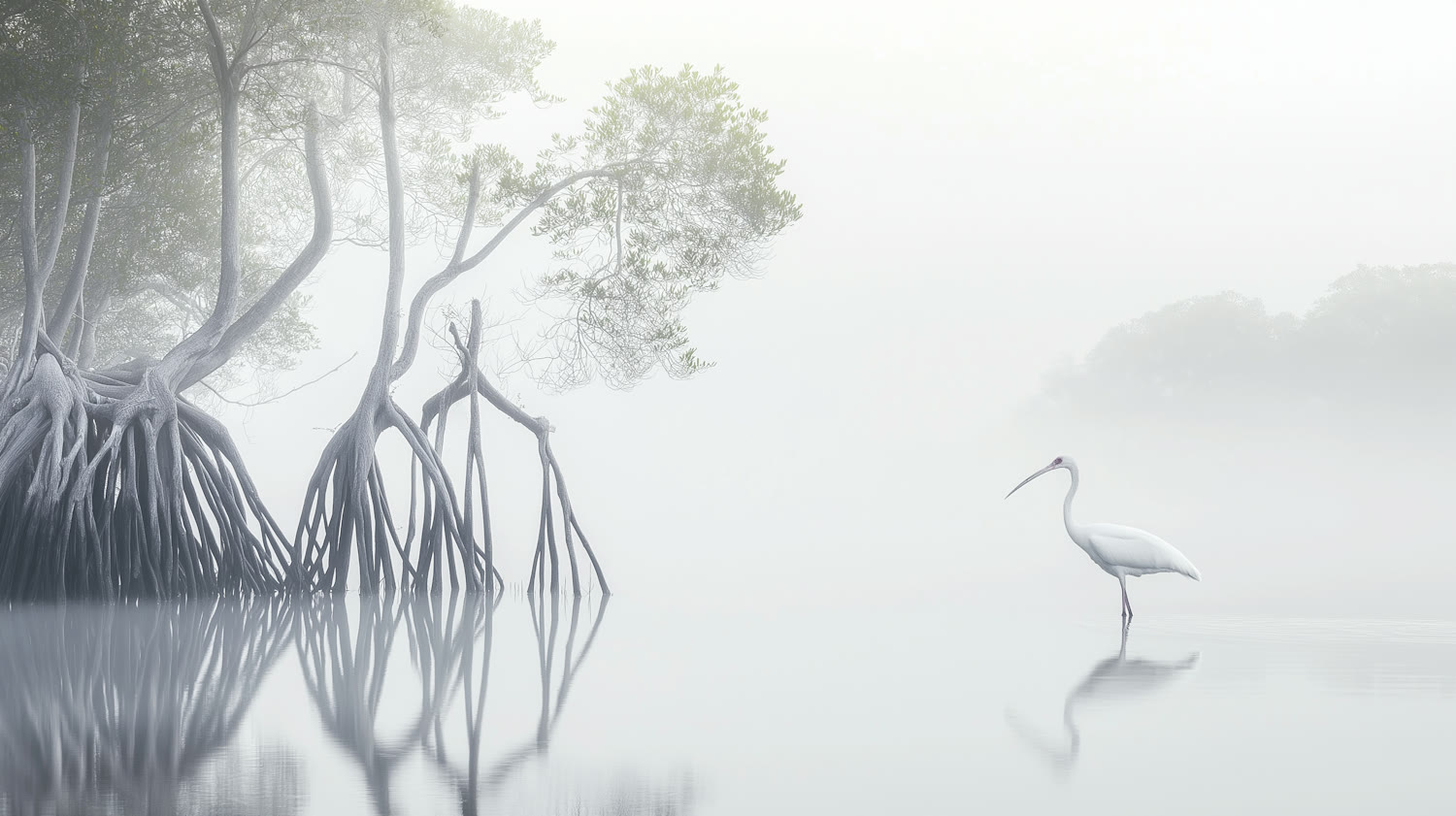 Intertidal wetland marsh reflecting calm waters under morning mist
