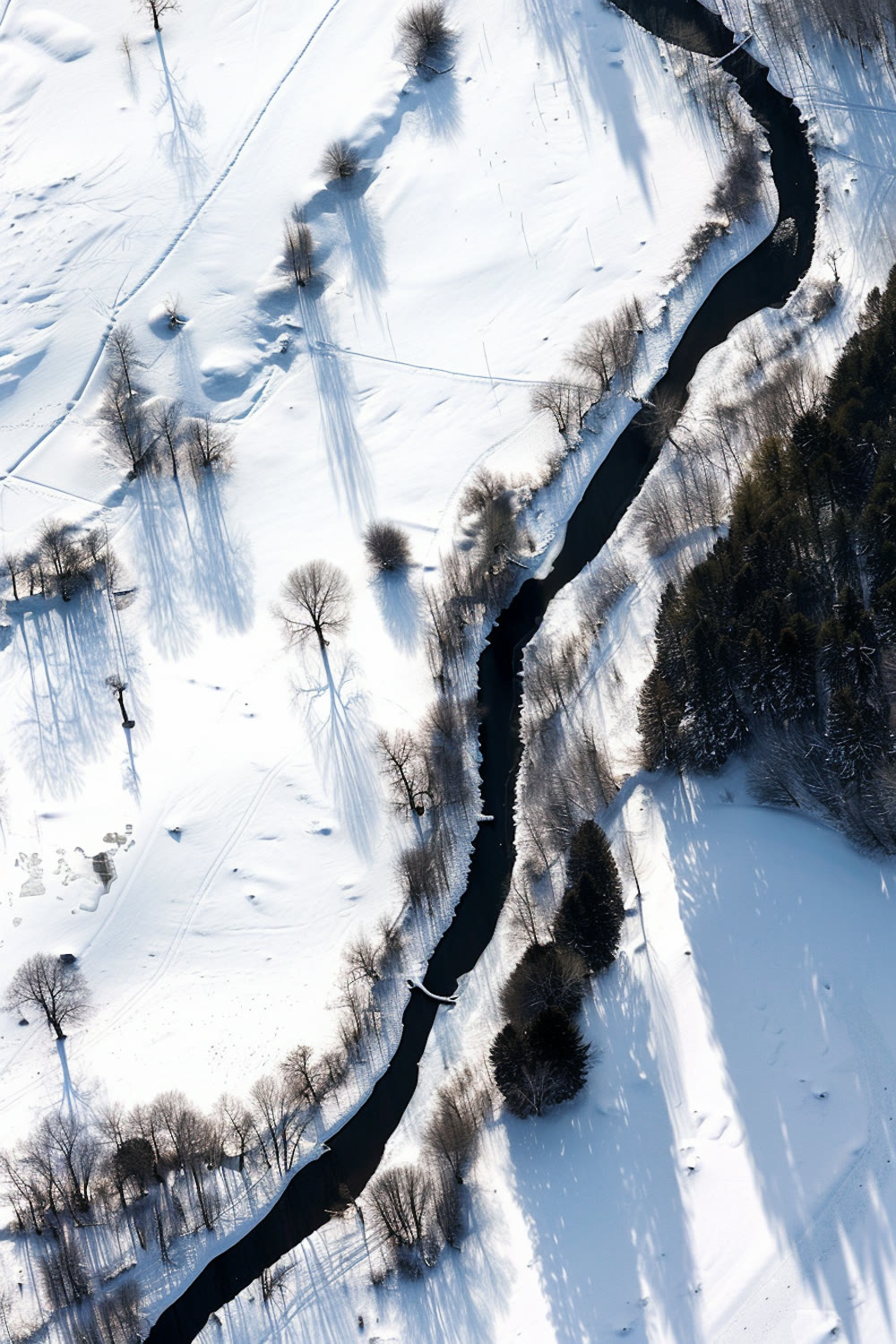 Aerial view of a dark river winding through a snow-covered valley