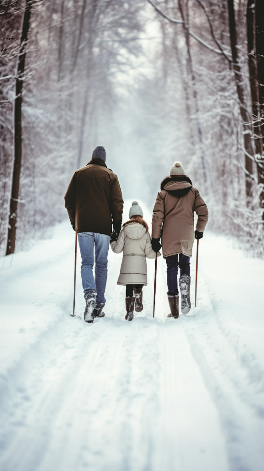 Three people walking along a snowy forest track, seen from behind